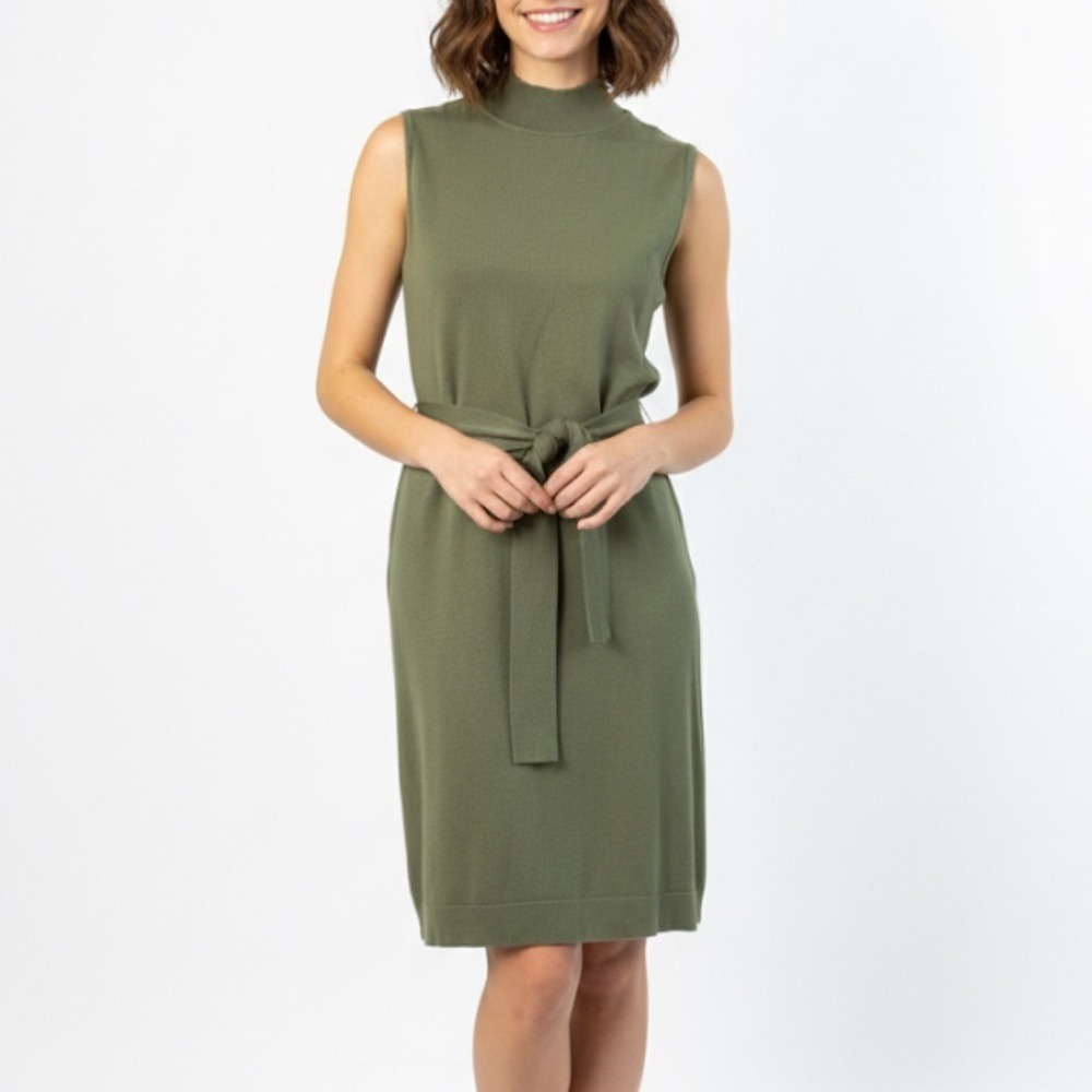 MAGASCHONI Women Large Olive Green Sleeveless High Mock Neck Knit Midi Dress‎